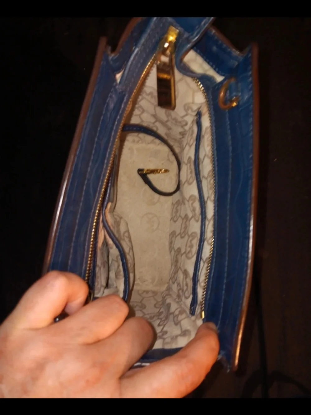 Michael Kors Beige Canvas and Dark Blue Croc Embossed Leather Crossbody Satchel